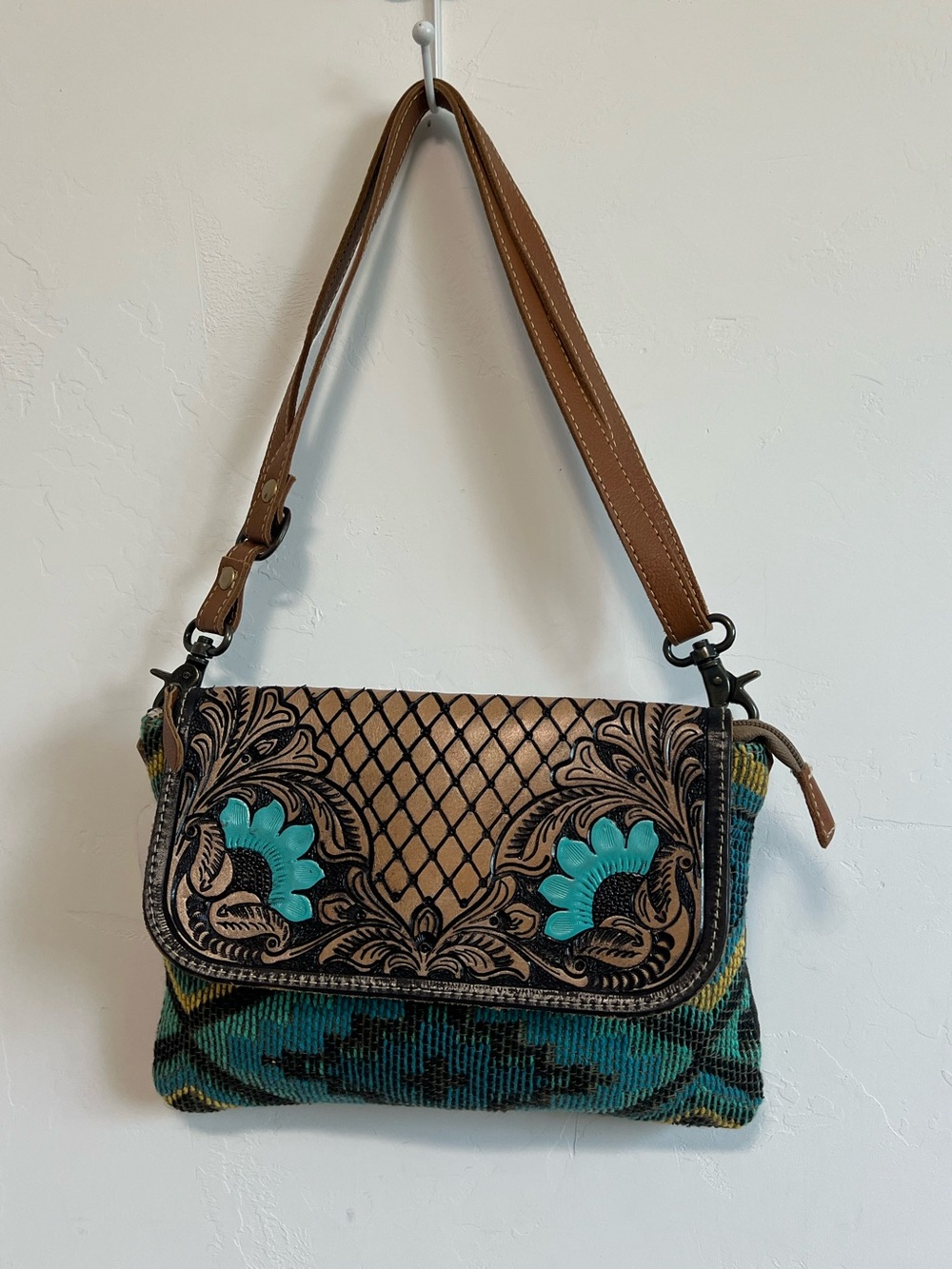 New Western Turquoise Yellow Tooled Leather Floral Flap Myra Bag Small Shoulder